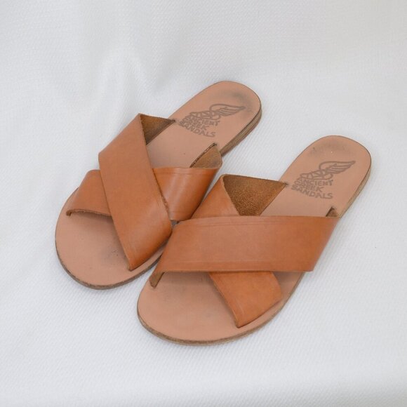 Ancient Greek Sandals Thais Tan Leather Slides Sz 8 - Picture 2 of 7